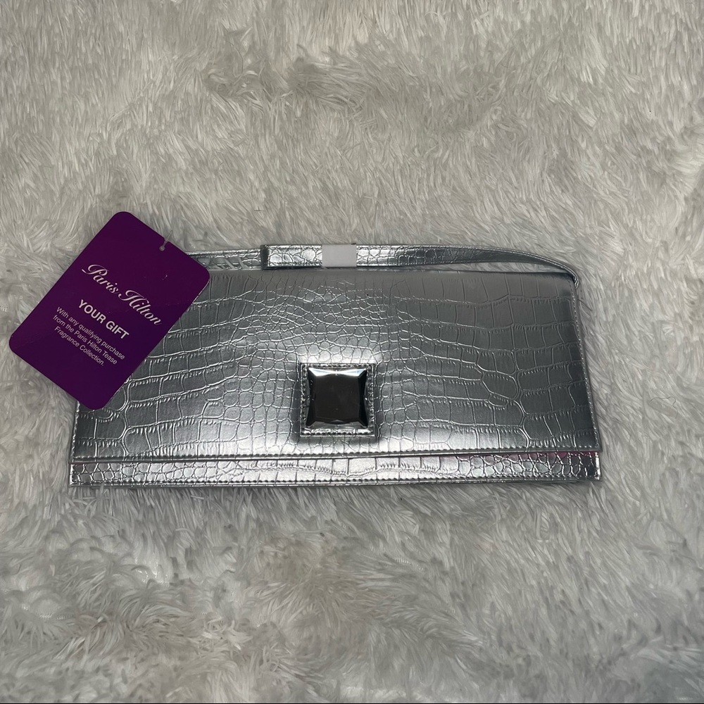 Paris Hilton Silver Evening Crocodile Clutch Flap Handbag